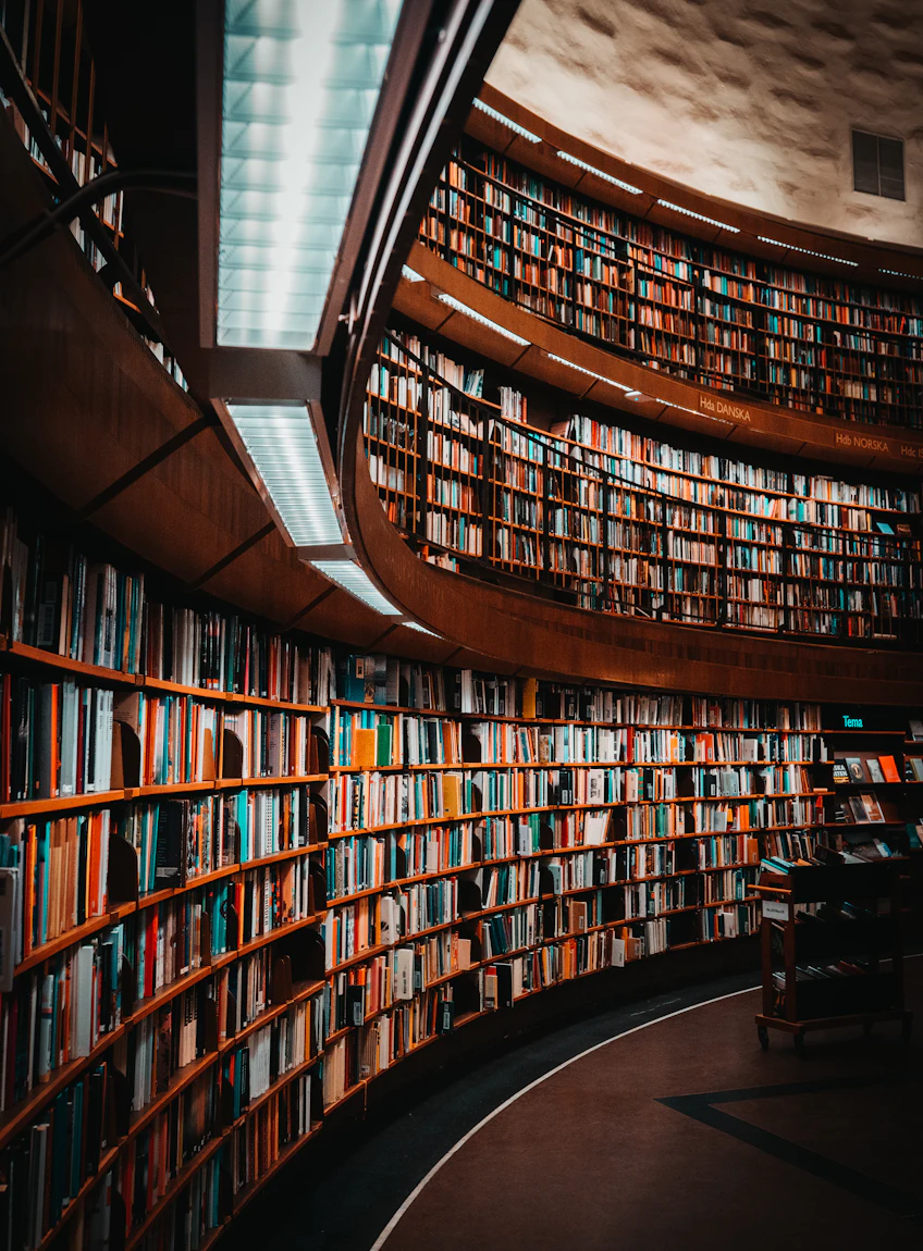Books and brass on the lit oak shelving