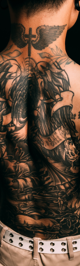A black and grey sleeve concept: an archangel with a sword above a mourning statue.