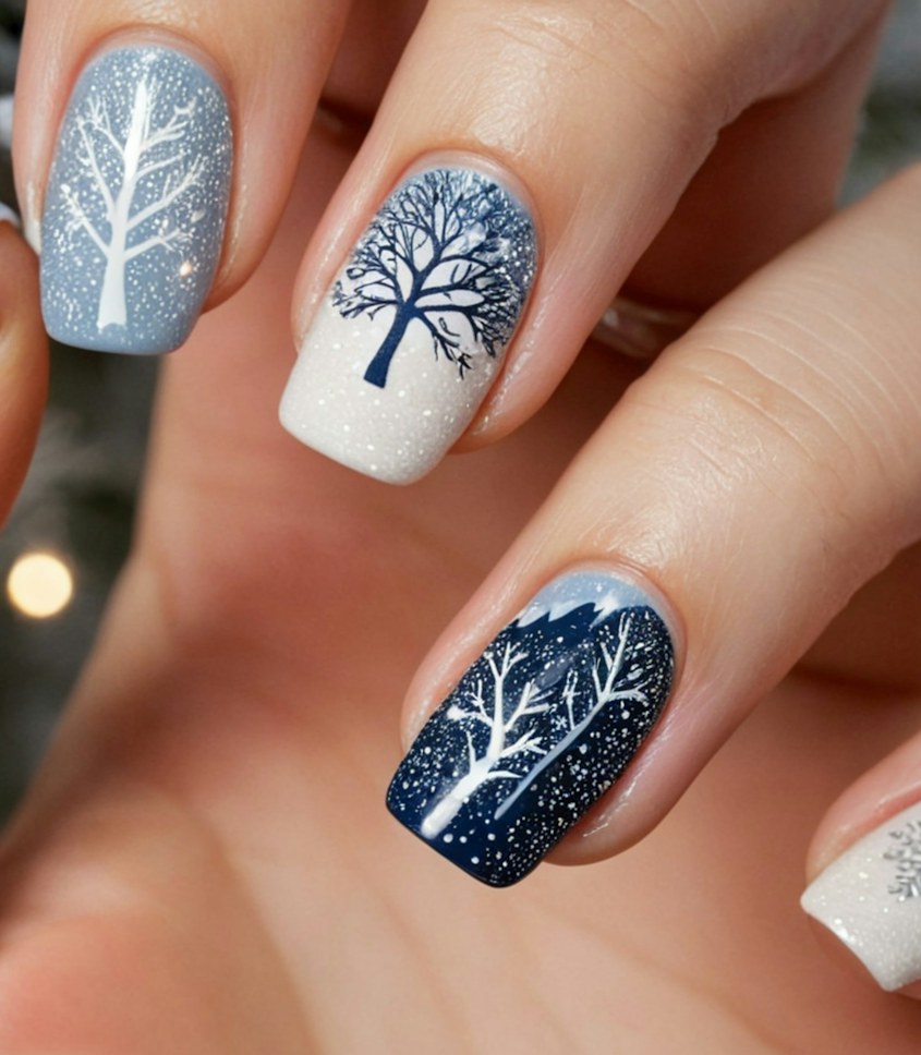 Square nails in white and navy with hand-painted winter trees