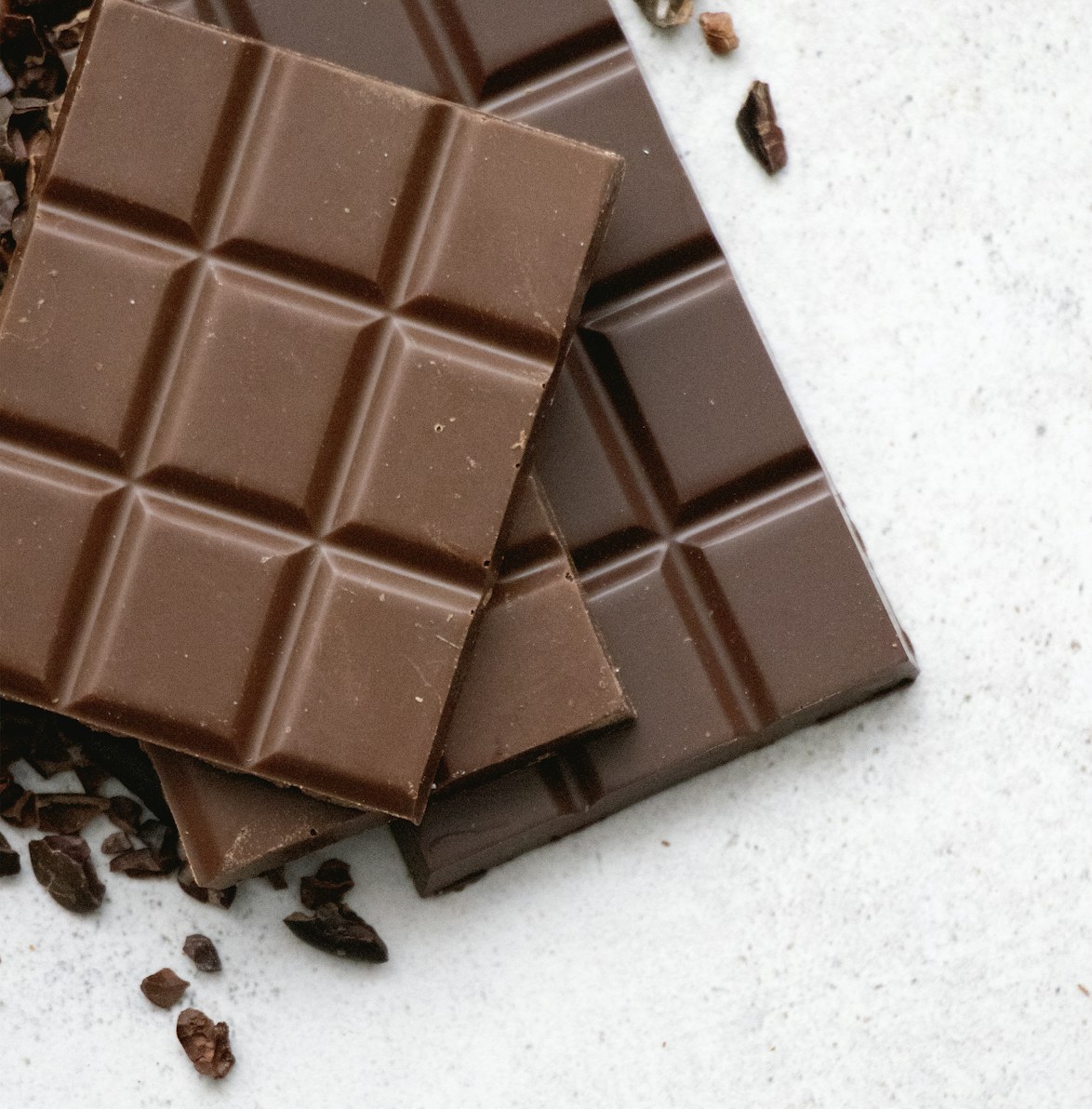 Bars of imported Dutch dark chocolate, broken for tasting