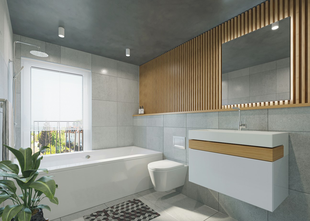 Renovated bathroom with grey stone tile and an adjoining slatted oak feature wall