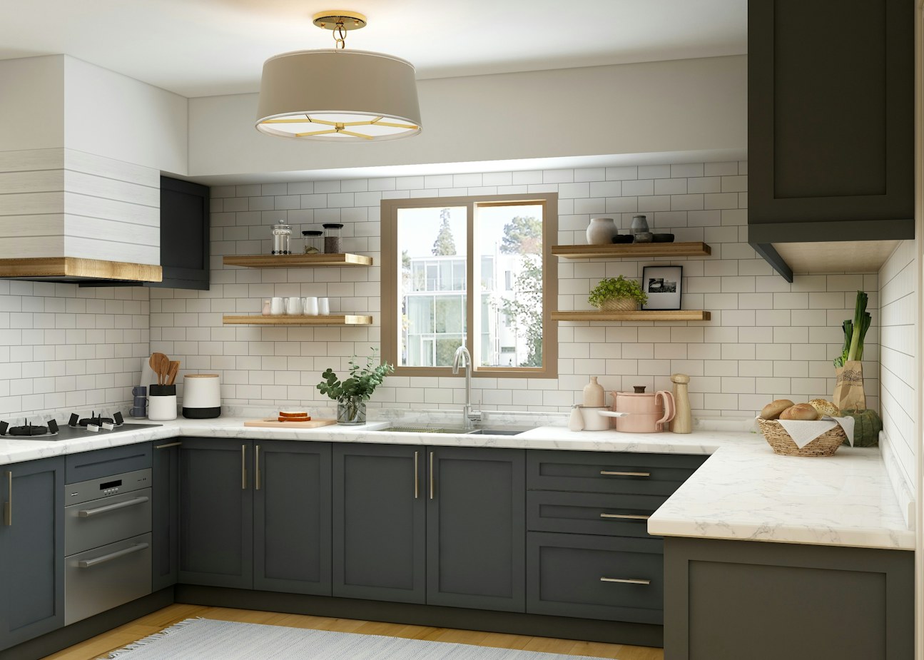 Grey shaker cabinetry with open oak shelving and a subway tile run