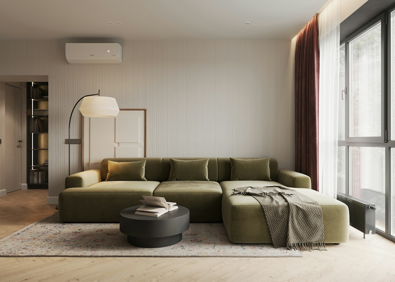 Condo interior with floor-to-ceiling windows, new oak flooring and a sectional
